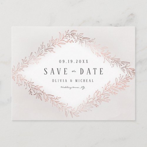 Elegant gilded rose gold botanical save the date announcement postcard