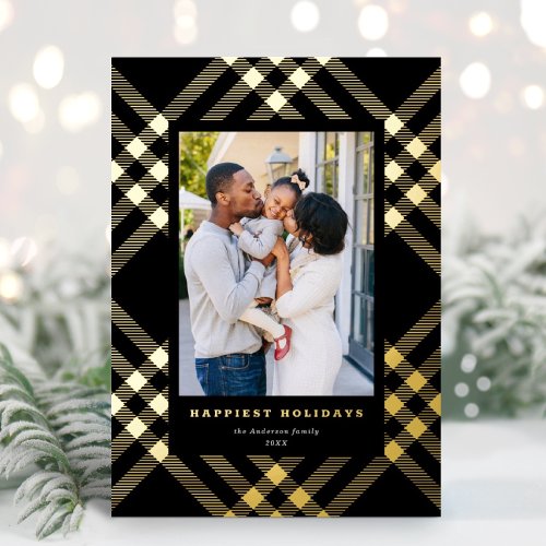 Elegant Gilded Tartan Christmas Photo Foil Holiday Card