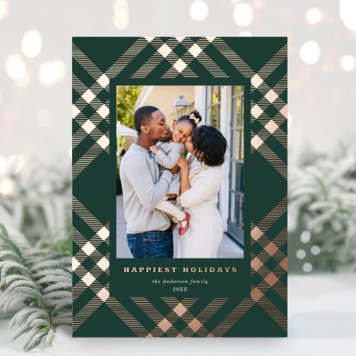 Elegant Gilded Tartan Christmas Photo Foil Holiday Card