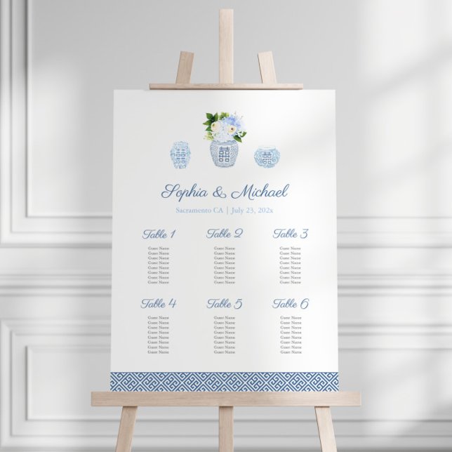 Elegant Ginger Jar 6 Tables Wedding Seating Chart Foam Board (Classic chinoiserie chic blue and white ginger jars wedding seating plan for six tables of eight)