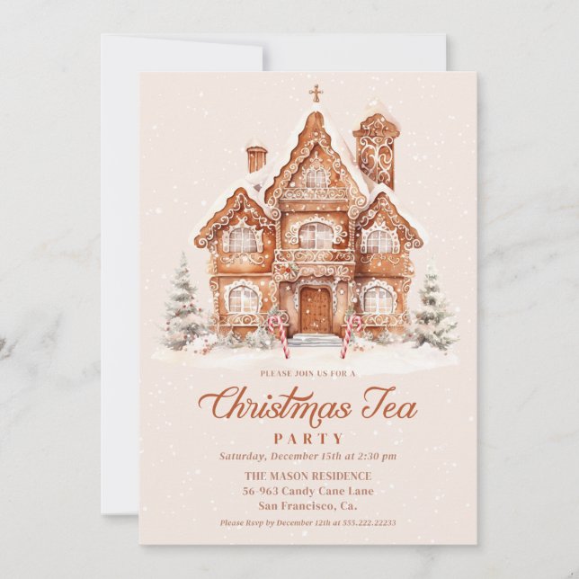 Elegant Gingerbread House Christmas Tea Party Invitation (Front)