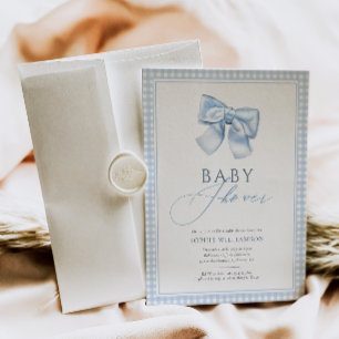 Elegant Gingham Blue Coquette Bow Baby Shower Invitation
