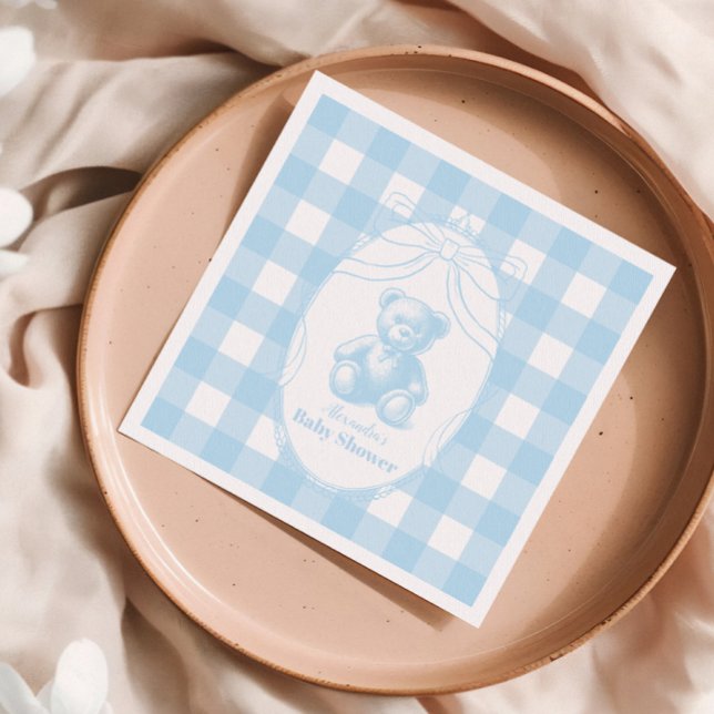 Elegant Gingham French Teddy Bear Baby Shower Napkins (Creator Uploaded)