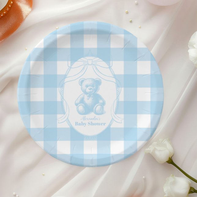 Elegant Gingham French Teddy Bear Baby Shower Paper Plates (Creator Uploaded)