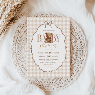 Elegant Gingham Teddy Bear Baby Shower Invitation