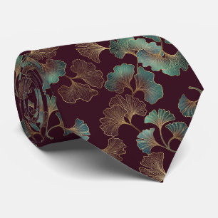 Elegant Ginkgo Leaf in Burgundy and Teal (1) Neck Tie
