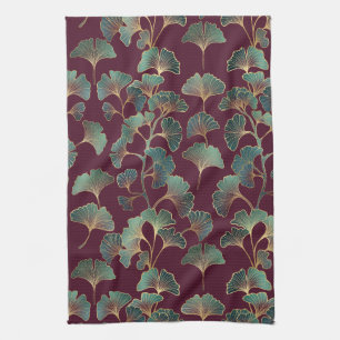 Elegant Ginkgo Leaf in Burgundy and Teal (2) Kitchen Towel