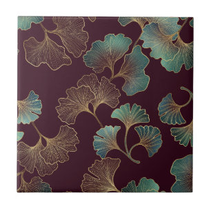 Elegant Ginkgo Leaf in Burgundy and Teal Ceramic Tile