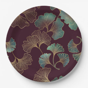Elegant Ginkgo Leaf in Burgundy and Teal Paper Plates