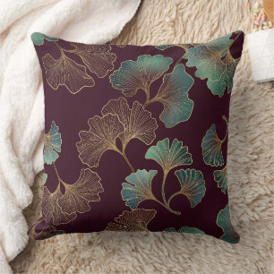 Elegant Ginkgo Leaf in Burgundy and Teal Throw Pillow