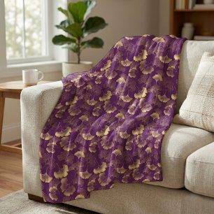 Elegant Ginkgo Leaf Pattern Purple Gold Fleece Blanket