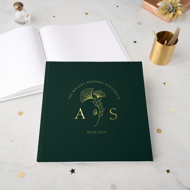Elegant Ginkgo Leaves Emerald Green Wedding Foil Foil Guest Book (Front Open)