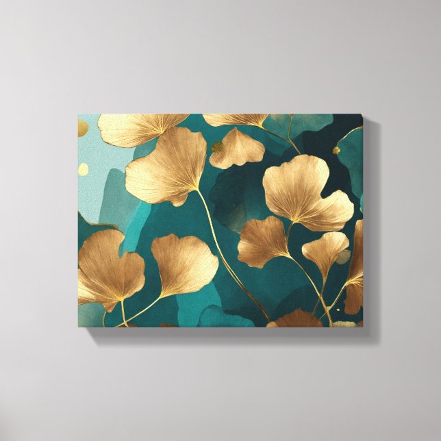 Elegant Ginkgo leaves gold & teal Canvas Print (Front)