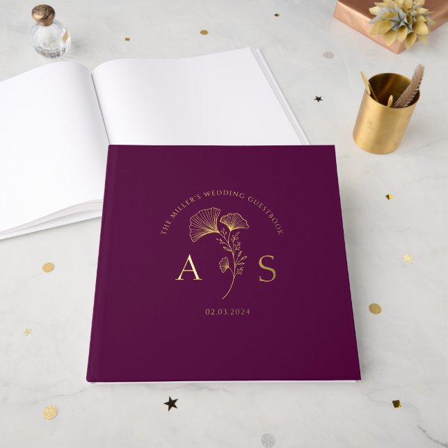Elegant Ginkgo Leaves Mulberry Wedding Foil Foil Guest Book (Front Open)