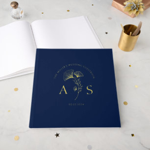 Elegant Ginkgo Leaves Navy Blue Wedding Foil Foil Guest Book
