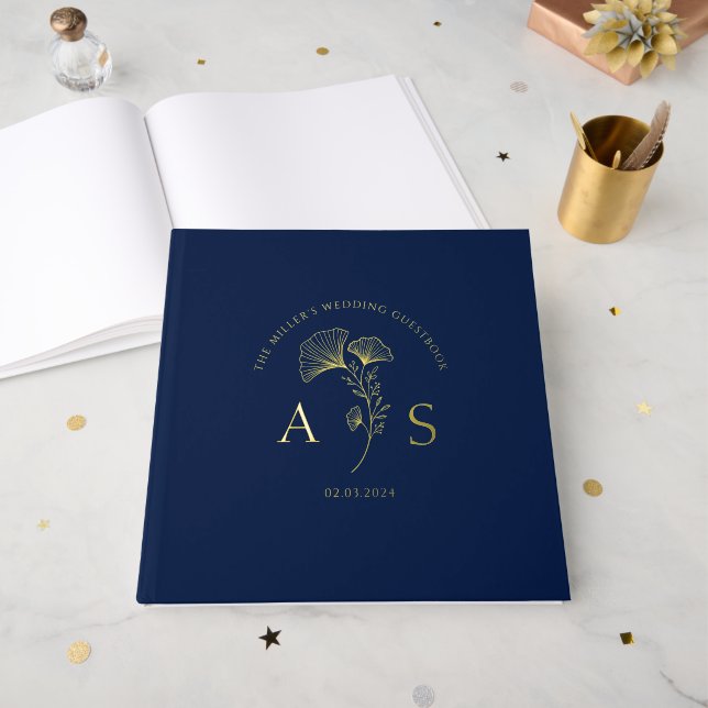 Elegant Ginkgo Leaves Navy Blue Wedding Foil Foil Guest Book (Front Open)