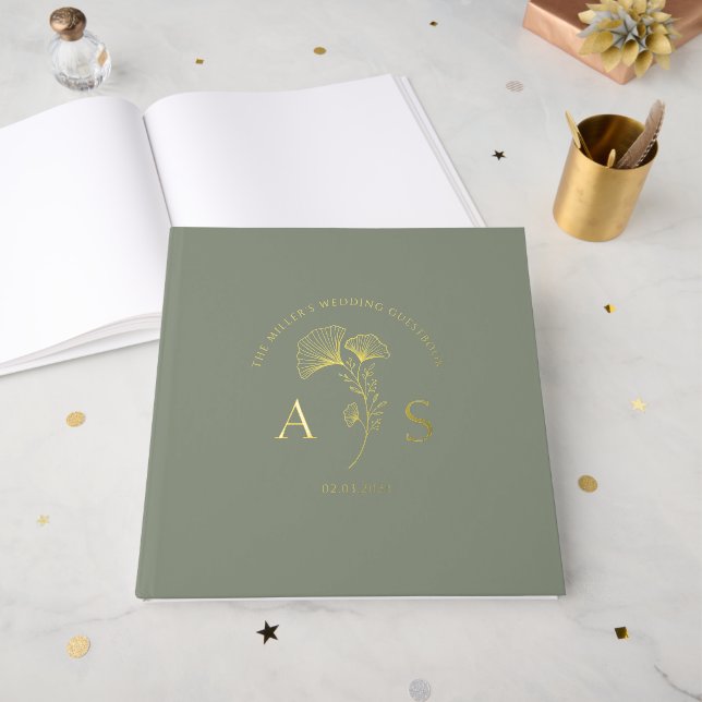Elegant Ginkgo Leaves Sage Green Wedding Foil Foil Guest Book (Front Open)
