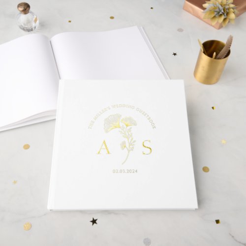 Elegant Ginkgo Leaves White Wedding Foil Foil Guest Book