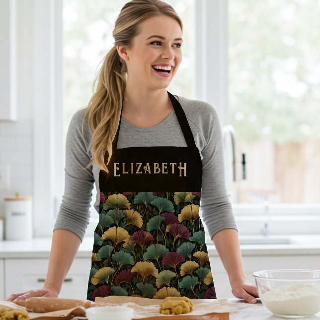 Elegant Ginkgo Pattern Custom Name Teal Burgundy Apron (Creator Uploaded)