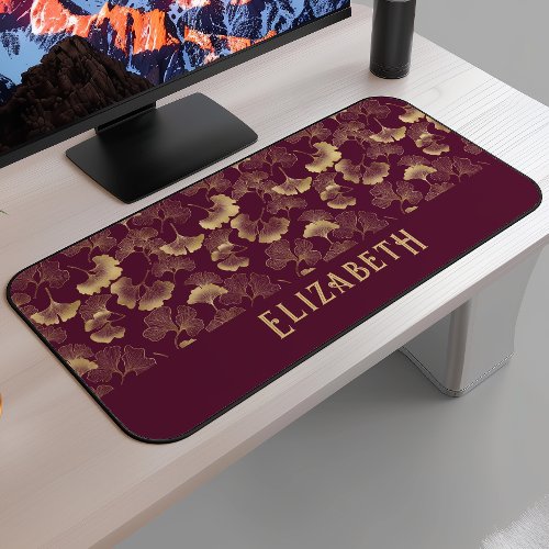 Elegant Ginkgo Pattern Monogram Name Burgundy Gold Desk Mat