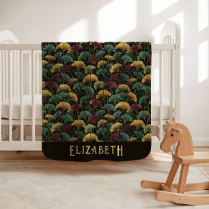 Elegant Ginkgo Pattern Monogram Name Jewel Tones Baby Blanket