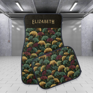 Elegant Ginkgo Pattern Monogram Name Jewel Tones Car Floor Mat