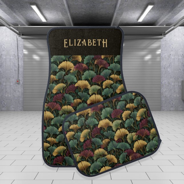 Elegant Ginkgo Pattern Monogram Name Jewel Tones Car Floor Mat (Creator Uploaded)