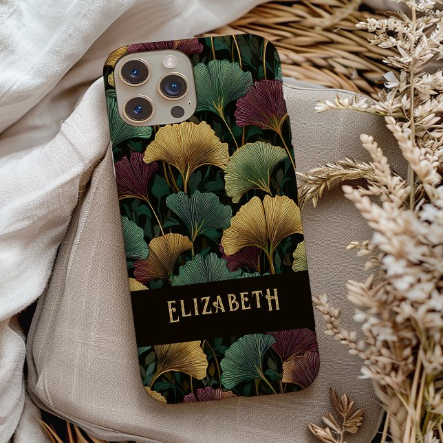 Elegant Ginkgo Pattern Monogram Name Jewel Tones Case-Mate iPhone Case (Creator Uploaded)