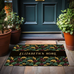Elegant Ginkgo Pattern Monogram Name Jewel Tones Doormat