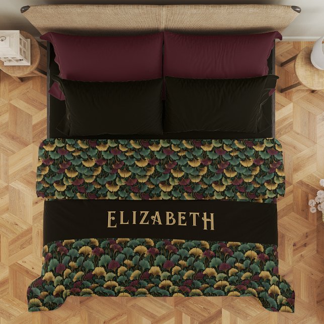 Elegant Ginkgo Pattern Monogram Name Jewel Tones Duvet Cover (Creator Uploaded)