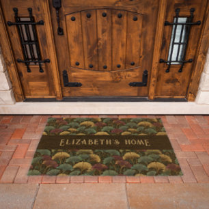 Elegant Ginkgo Pattern Monogram Name Jewel Tones Fiber Doormat