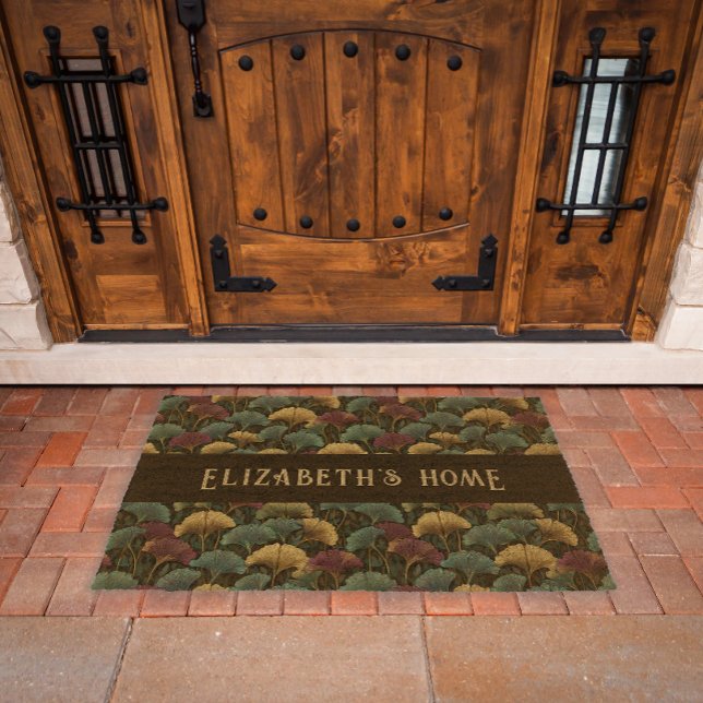 Elegant Ginkgo Pattern Monogram Name Jewel Tones Fiber Doormat (Creator Uploaded)