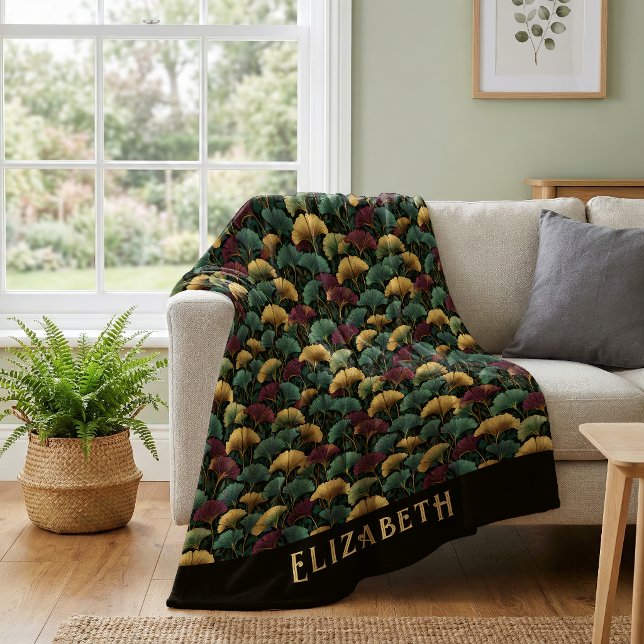 Elegant Ginkgo Pattern Monogram Name Jewel Tones Fleece Blanket (Creator Uploaded)