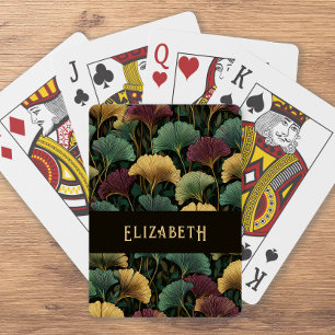 Elegant Ginkgo Pattern Monogram Name Jewel Tones Poker Cards