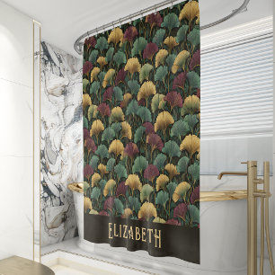 Elegant Ginkgo Pattern Monogram Name Jewel Tones Shower Curtain