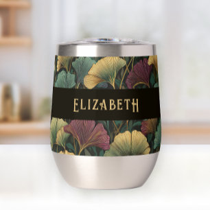 Elegant Ginkgo Pattern Monogram Name Jewel Tones Thermal Wine Tumbler