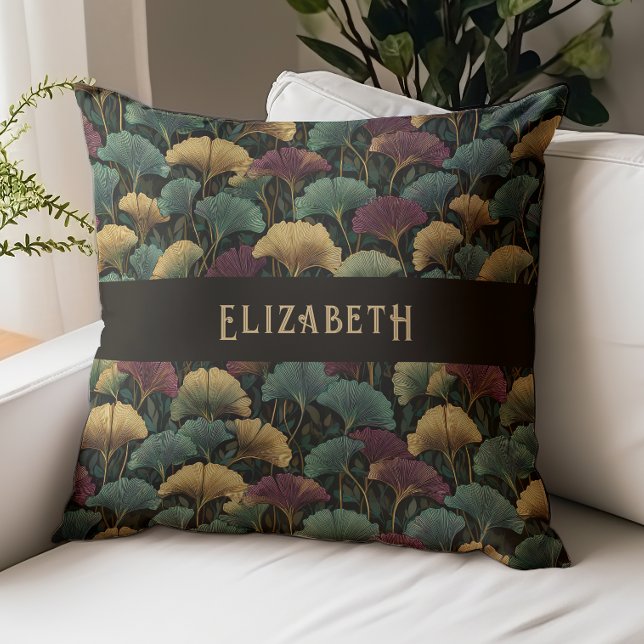 Elegant Ginkgo Pattern Monogram Name Jewel Tones Throw Pillow (Creator Uploaded)