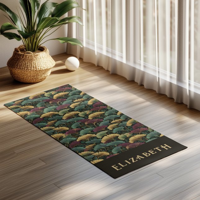 Elegant Ginkgo Pattern Monogram Name Jewel Tones Yoga Mat (Creator Uploaded)