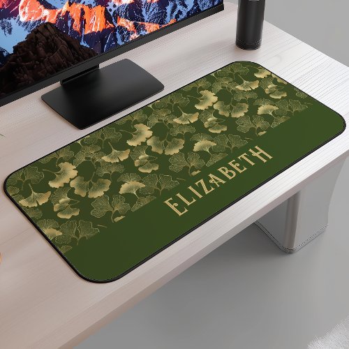 Elegant Ginkgo Pattern Name Olive Green Gold Desk Mat
