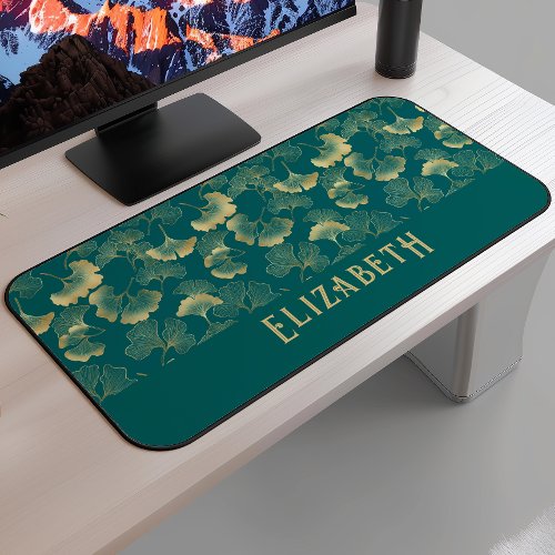 Elegant Ginkgo Pattern Name Teal Blue Gold Desk Mat