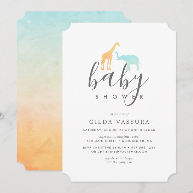 Elegant Giraffe Elephant Baby Shower Invitation (Front/Back)