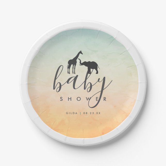 Elegant Giraffe Elephant Baby Shower Paper Plates (Front)