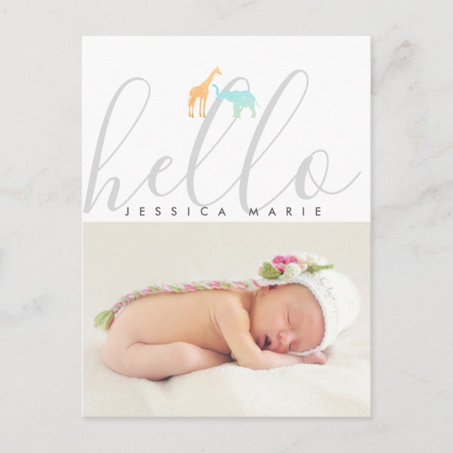 Elegant Giraffe Elephant Birth Announcement Postcard (Front)