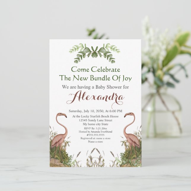 Elegant Giraffe Pink Floral Baby Shower invitation (Standing Front)