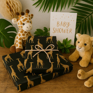 Elegant Giraffe Print Black & Gold Wrapping Paper Sheets
