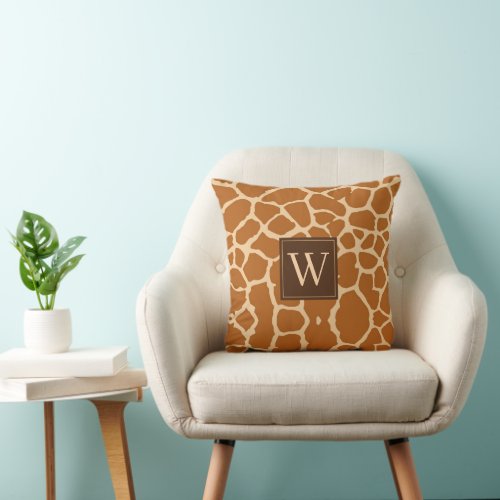 Elegant Giraffe Print Monogram Throw Pillow