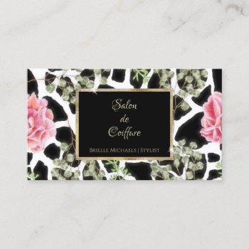 Elegant Giraffe Print Pink Roses Gold Frame Salon Business Card by GirlyBusinessCards at Zazzle