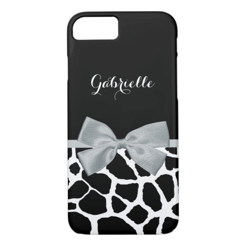 Elegant Giraffe Print With Name and Cute Gray Bow iPhone 87 Case