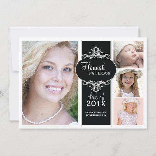 Elegant Girl 4 Photo Black &amp; White Graduation 5x7 Paper Invitation Card