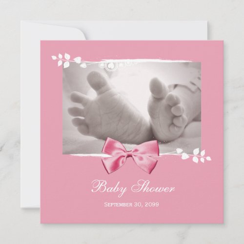 Elegant Girl Baby Shower Baby Feet With Pink Bow Personalized Invites